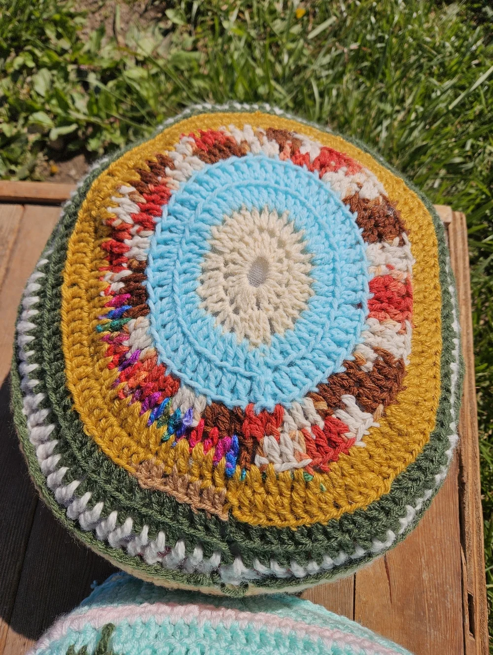Vintage 70s Style Hand Crochet Round Boho Mandala Accent Throw Pillows Set of 2